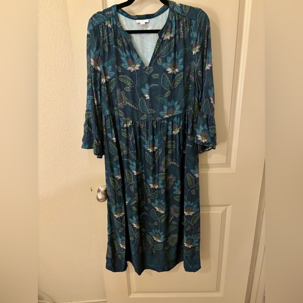 FINAL SALE $10 J Jill Teal Floral V-Neck Midi Dress Size Small - Modest, Spring - Picture 2 of 8